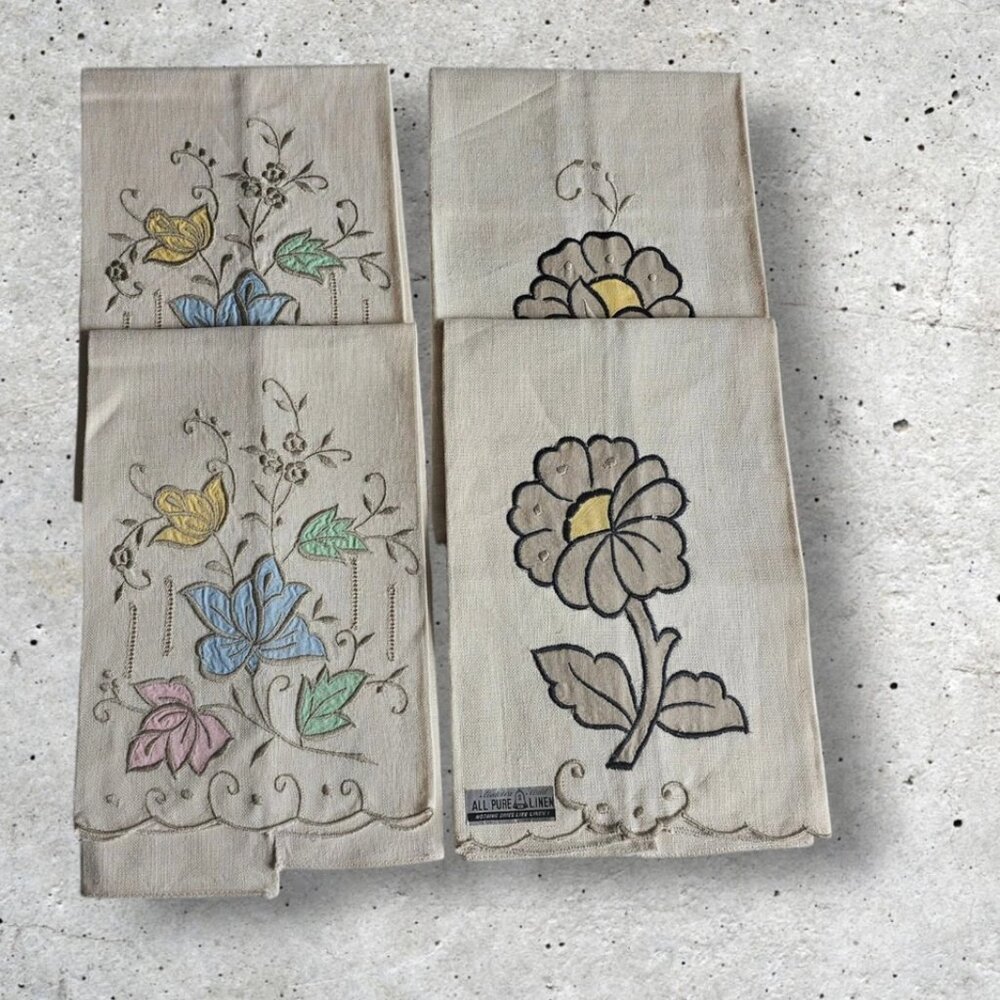 Bundle 4 Madeira Maid Linen Tea Towels Napkins 4 Embroidered Flower Leaf Spring